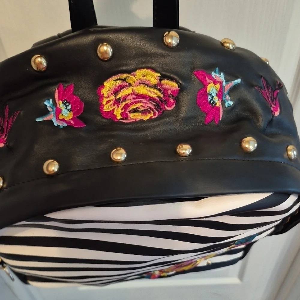 Betsey Johnson Black and White Embroidered Striped Backpack